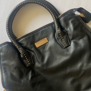 BCBG Black Leather Satchel with Gold Stud Accents
